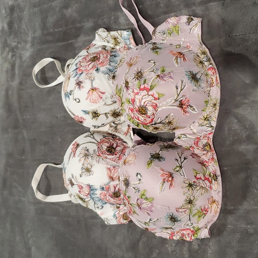COPY - Victoria's Secret Pink & ivory embroidered floral bras (2 bras) , 32D, d…